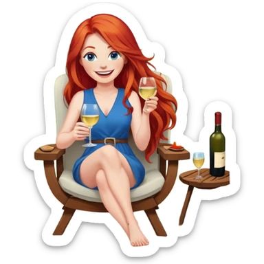 Laughing woman with long red hair and blue eyes holding white wine sitting in chair with feet up beside fire pit sticker