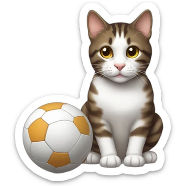 Dark brown and white Tabby Cat playing with a ball sticker