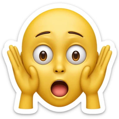 A 3D glossy yellow emoji of a shocked horrified face, with mouth and eyes are wide open, eyebrows  raised, and hands against their cheeks, face has no nose, black background, high quality, soft studio lighting sticker