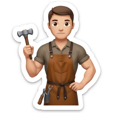 Emoji portrait of a Celtic blacksmith. Work clothes, muscular arms, holding a hammer and wearing a leather apron. sticker