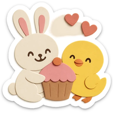 Make both the bunny and chick have happy, smiling faces, keep the paper-craft style and color palette sticker