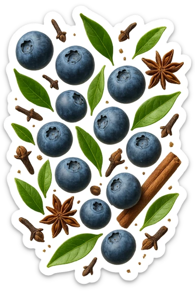 mirtilli, thè verde, spezie, fluttuano in aria, iperrealistico 4k sticker