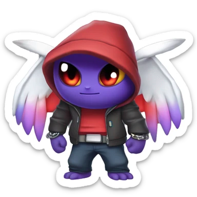 pokemon gibi
Un personnage crânien stylisé avec capuche sombre, ailes lumineuses multicolores (rouge, violet, bleu), yeux rouges en croix, halo au-dessus, épées croisées dans le dos, torse musclé, bracelets noirs, et un style cartoon néon énergique. sticker
