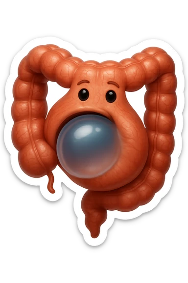 emoji stile iphone di un intestino che ingoia una nuvoletta di aria ben visibile e gli si gonfia la pancia, non fargli il naso, iperrealistico 4k sticker