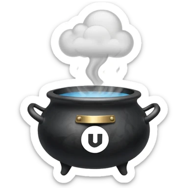 A black cauldron with smoke rising, and the white YouTube play button logo floating above the smoke sticker