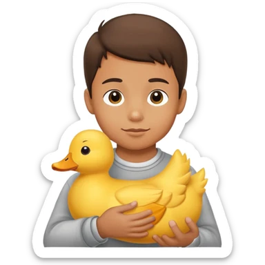 Yellow stuffed animal duck being held by a happy boy sticker