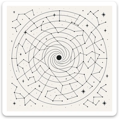 a design for an decorative black and white star map, showing linework of galactic spheres and a constellated ley lines. matrix map. black linework. neat and minimal design, showing expanse and hazards deep into space beyond the galactic core, large tattoo design

 sticker