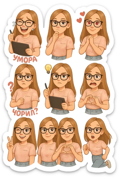 «Создай набор из 12 наклеек в стиле 3D cartoon  женского персонажа (30 лет выглядит моложе)  с прямыми светло русыми волосами ниже лопаток, светлой кожей, большими выразительными голубыми глазами, черные очки для зрения формы кошачий глаз, нос чуть с горбинкой.
Персонаж должен носить пастельную розово-бежевую тай дай футболку с вышивкой @ByUnicorn, голубые джинсы фасона мом, персонаж должен иметь разные выражения: смех до слез и подпись внизу пастельно-розовым текстом УМОРА, задумчивость, влюбленность (с сердцами вокруг головы), злость с паром из носа и подписью внизу пастельно розовым текстом ТИЛЬТ, растерянность (со знаком вопроса) и подпись пастельно-розовым текстом ЧОРИЛ?, наличие идеи (с зажженной лампочкой), плач со слезами из глаз, удивление с открытым ртом и подписью пастельно розовым текстом ОКАК, улыбка и  подмигивание, знак мира рукой, создание сердца руками, бегство со всех ног. Размер картинки не ограниченный, чтобы все наклейки вместились без обрезки. Стиль мультяшный  DreamWorks, мягкий свет, прозрачный фон, и добавь персонажу в руки графический планшет следи чтобы выглядело органично, красиво, не нарушая законы природы и физики, можешь добавить в другую руку перо от графического планшета, если это будет позволять смысл стикера» sticker