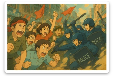 riot, dynamic movement, stylized, ghibli-inspired sticker