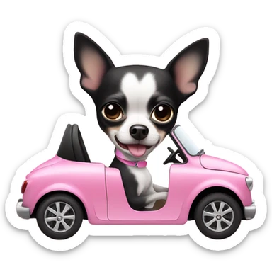 Black and white Chihuahua driving pink Fiat sticker