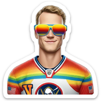 Fancy disco futuristic Jonathan Toews wearing rainbow lace shirt and wearing VR glasses and eating a moon pie sticker