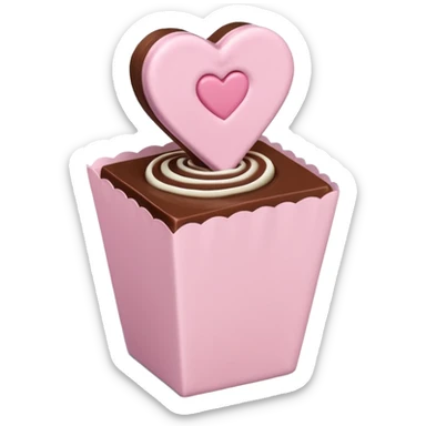Two square milk chocolate , Each praline is a sharp-edged cube with smooth glossy chocolate coating, placed in a small white fluted paper candy cup. On top of each cube is a flat pastel pink heart-shaped icing sticker