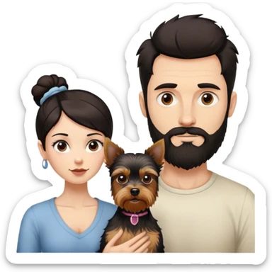 Tall pale guy with dark hair beard no glasses, and short woman with dark hair bun and a yorkshire terrier dog sticker