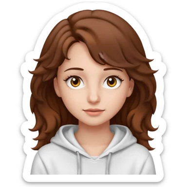 Una ragazza con una felpa semplice bianca,ha gli occhi marroni,i capelli marroni  , c’è gli ha lunghi e ricci ma non troppo e ha le ciglia stile emoji apple sticker