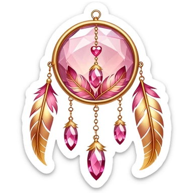 Reddish-pinkish and golden warm-colored romantic lush beautiful pretty hanging crystal-catcher aesthetic with hearts and sparkles and feathers sticker