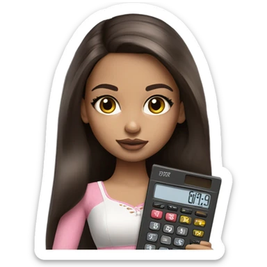 Hyper realistic bratz doll brunette with calculator sticker