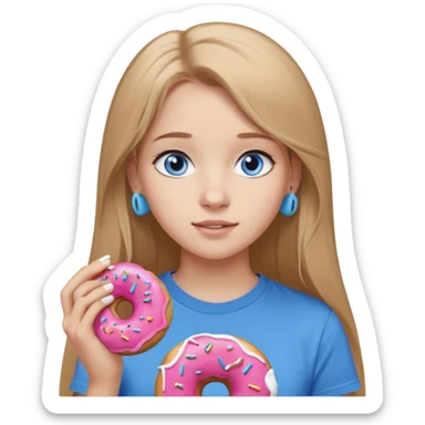 una ragazza dall‘ età di 19 anni con capelli biondo scuro lunghi e lisci ,  occhi celesti,  con addosso una maglietta con una ciambella e le cuffie airpods (bianche) ascoltando violetta sticker