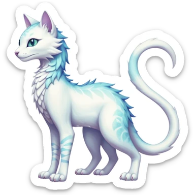 Kawaii white iridescent beautiful pretty elegant divine edgy fantasy feline-vernid-fionbri-sergal-fursona animal creature with a tufted tail full body with intricate markings  sticker