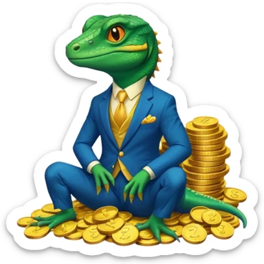 lizard in a blue suit, looking cunning, sitting on a heap of gold coins sticker