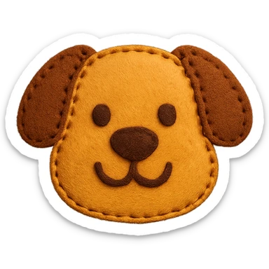 <StylePrompt>
  <Name>Felt Appliqué Plush Style</Name>
  <Description>A soft, handcrafted look inspired by plush felt fabric with visible stitching and a padded 3D texture, rendered on a solid black background.</Description>
  <VisualProperties>
    <Material>Felt</Material>
    <Texture>Soft, fuzzy, with slight fiber detail</Texture>
    <Stitching>
      <Type>Thick thread</Type>
      <Color>Orange or slightly darker tone than fabric</Color>
      <Pattern>Uniform running stitch along outer edge</Pattern>
    </Stitching>
    <Padding>High, plush-like 3D depth</Padding>
    <Edges>Rounded corners</Edges>
    <ColorPalette>
      <Primary>Warm yellow/orange tones</Primary>
      <Accent>Brown or dark orange for facial features and outline</Accent>
      <Background>Black</Background>
    </ColorPalette>
  </VisualProperties>
  <Rendering>
    <Lighting>Soft, even studio lighting</Lighting>
    <Shadows>Subtle drop shadows for depth</Shadows>
    <Perspective>Flat front-facing, symmetrical if applicable</Perspective>
  </Rendering>
  <Applicability>
    <SubjectType>Any object, animal, or letterform</SubjectType>
    <OutputFormat>Icon, emoji, patch-style graphic</OutputFormat>
  </Applicability>
</StylePrompt>

{subject} = dog sticker