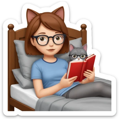 A girl is lying in bed. She has short chestnut hair styled neatly, is wearing glasses, and is reading a book. A grey cat is lying on her legs. sticker