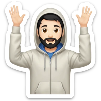 male coder with black hair, beard, and white skin, wearing a hoodie, excitedly raising arms in celebration after solving a coding problem, computer in front of him sticker
