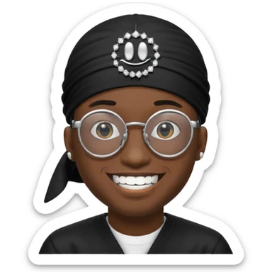 man with black durag,glasses, and smiley with diamond grillz sticker