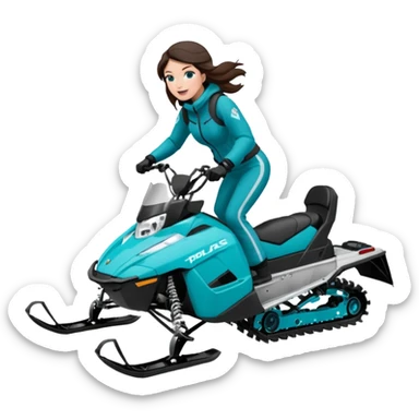 Can you create an emoji of a brunette girl on a teal polaris khaos 850 155 snowmobile doing a wheelie with snow flying sticker