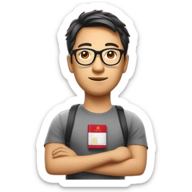 Tech CEO wearing glasses holding red Singaporean passport wearing tshirt on the chest with the letters onloop sticker