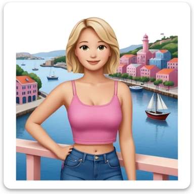 jennifer lawrence, pink crop top, and blue jeans, leaning on a balcony with a harbor and cityscape in the background, smiling sticker