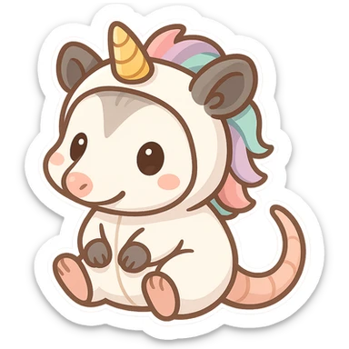 cute cartoon possum dressed up like a unicorn, chibi stickers style sticker