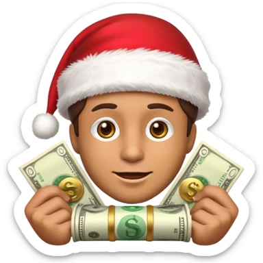 A confident rich emoji face wearing a Santa hat, money stacks, casino vibe, New Year theme, premium 3D emoji style, sharp details, no text, isolated on transparent background sticker
