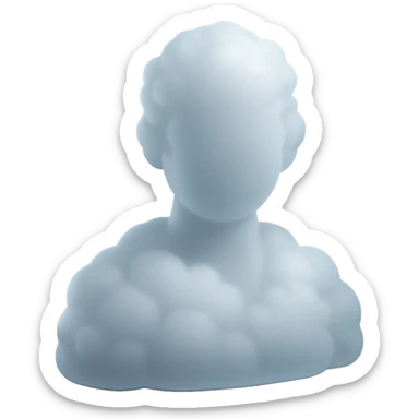 person made entirely of white fluffy clouds, shoulder up, front view, matte glass style sticker