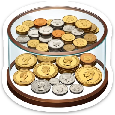 Icon for Coin Collecting: a collection of various vintage and modern coins, neatly arranged in a display case or on a table. The icon should highlight the diversity and historical value of coin collecting. Transparent background. sticker
