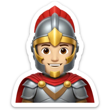 A friendly Trojan warrior mascot with a large cartoon-style head, wearing a silver helmet with a red crest and black cheek guards.  confident smile. The character wears dark armor with metallic details and a WITH yellow cape.  sticker