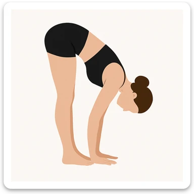Minimalist flat vector illustration of a woman doing yoga in forward fold pose (Vrischikasana), wearing sportswear (black top and black shorts), brown hair in a bun, clean white background, no face details, elegant style sticker