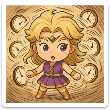 Add a playful time acceleration effect to the chibi Made in Heaven emoji. Include swirling clocks or cartoon speed lines to enhance the playful vibe. sticker