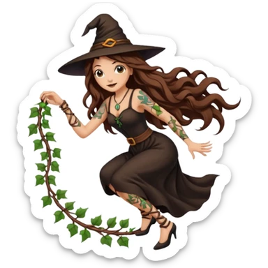 witch woman long wavy brown hair tattoos pulling vine ribbon slowly sticker