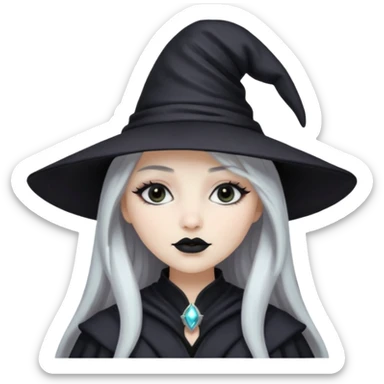 pale girl with long silver hair, black lipstick, black eyeshadow, black wizard hat  sticker
