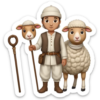 A Turkish shepherd wearing a white felt kepenek, loose shalwar pants, a cloth belt, and a wool cap, holding a wooden staff beside a sheep sticker