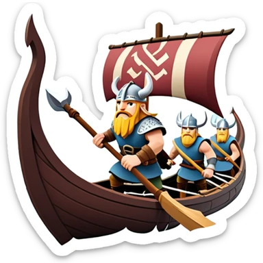 clash-of-clans-aesthetic_-cinematic-viking-longboat, rendered in a flat, bold vector style with minimal shading, featuring a striking dragon-headed prow slicing through icy, churning waters. shields on the side and vikings rowing The longboat’s intricately detailed shields and carved motifs evoke a sense of epic adventure and Nordic might, with billowing sails catching a dramatic, stormy sky backdrop. sticker