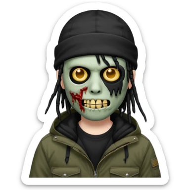 a zombie emoji with black dreads and a black carheartt jacket and black nike ski mask on his head sticker