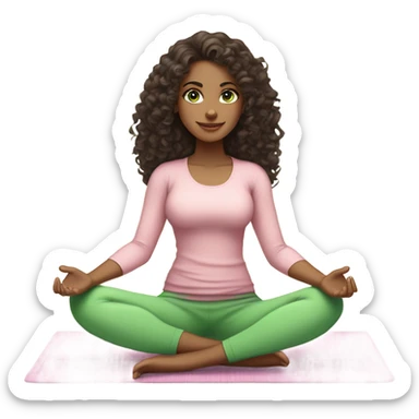 Dark brown long curly hair and green eyes yoga beautiful young woman in light pink pink pink clothes sitting on a yoga mat sticker