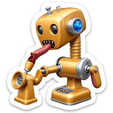 a robot that has a meat grinder for a head. 2 arms that stuff meat into the meat grinder and sausage links come out of the rear. The robot hovers. shoves meat into its mouth to grind sticker