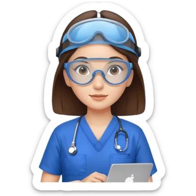 i need a brunette young woman in blue scrubs with brown eyes fair skin with safety goggles on and a laptop for research  healthcare research no safety helmet sticker