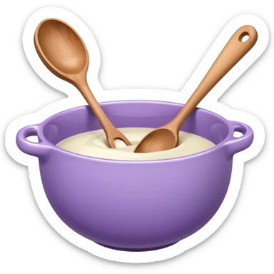 a lilac ceramic mixing bowl with a wooden spoon stirring sticker