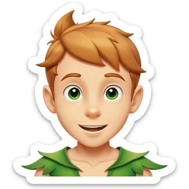 cinematic-realistic-peter-pan-portrait, head tilted dramatically with an exaggeratedly amused expression and sparkling eyes brimming with playful mischief, his iconic outfit rendered in vivid detail with dynamic shadows, soaring through the air.  sticker