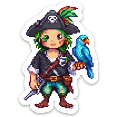 pixel art pirate with a parrot on shoulder sticker