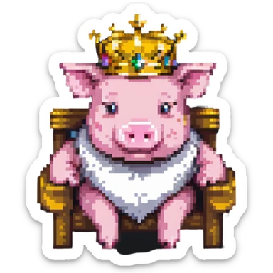 simple ultra-low pixel count pixel art of a pig with a golden crown sitting on a throne, blocky and square like Minecraft sticker
