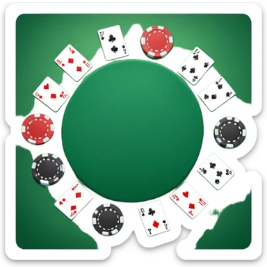 A photorealistic icon featuring playing cards and a stack of poker chips on a green felt table. Bright, detailed design with realistic textures and lighting. Transparent background, clearly symbolizing card games and strategy. sticker